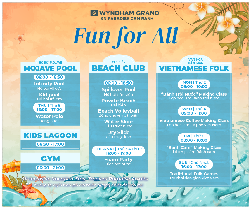 All Inclusive Activtities Intinirary, Wyndham Grand KN Paradise Cam Ranh nghỉ dưỡng trọn gói